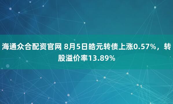 海通众合配资官网 8月5日皓元转债上涨0.57%，转股溢价率13.89%